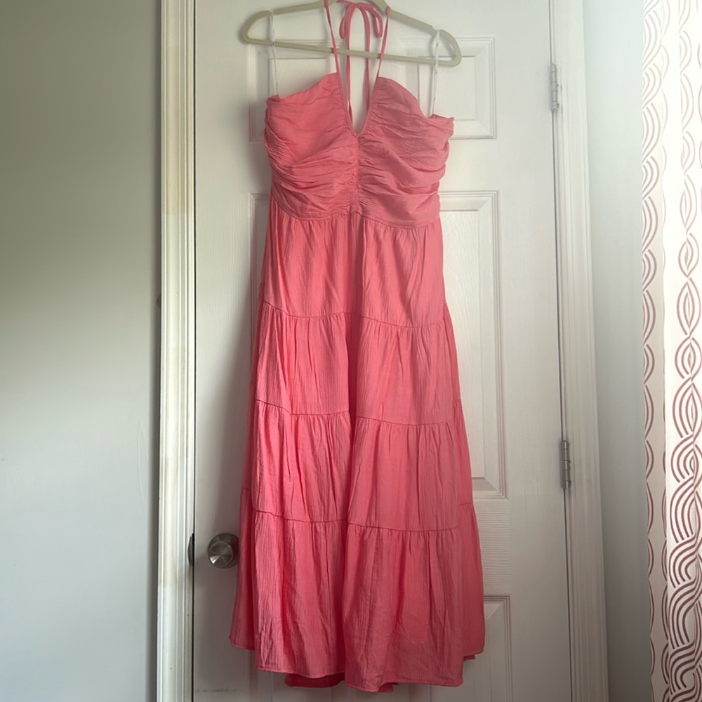 Lulus Chasing Sun Pink Tiered Keyhole Halter Midi Dress - size XL